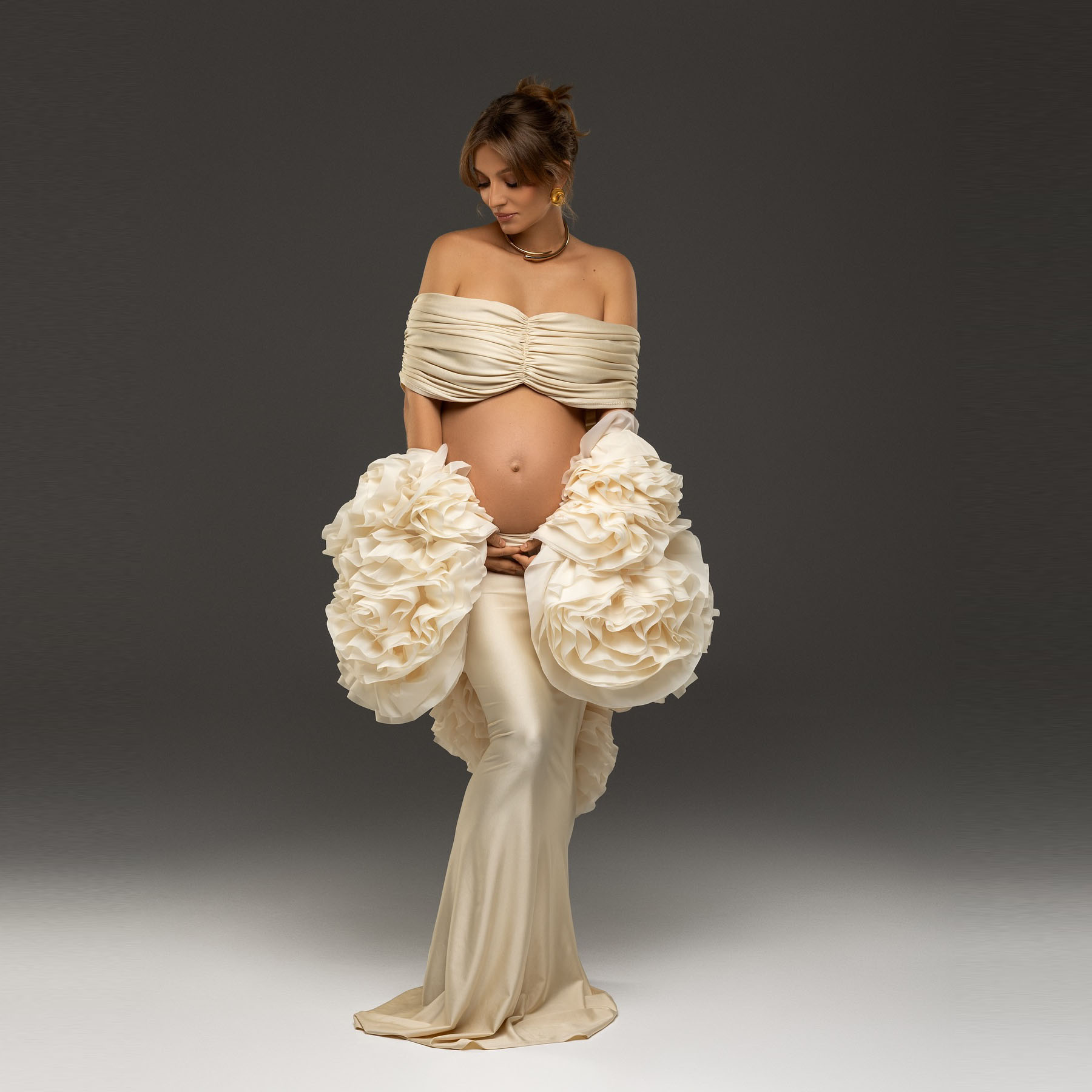 Women Fashion Photoshoot - Stunning Off‑Shoulder Maternity Dress with Giant