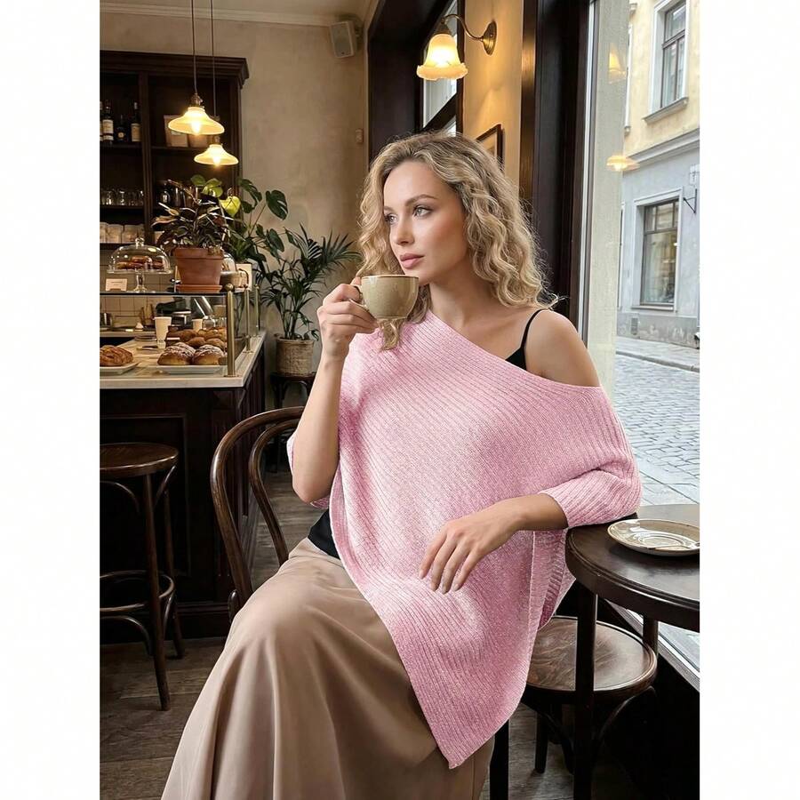 Women'S Fashion Poncho - Off Shoulder Asymmetric Knit Poncho Top