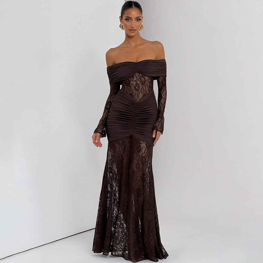 Women Fashion Necklace - Dresses Off-shoulder Long Sleeve Sexy Maxi