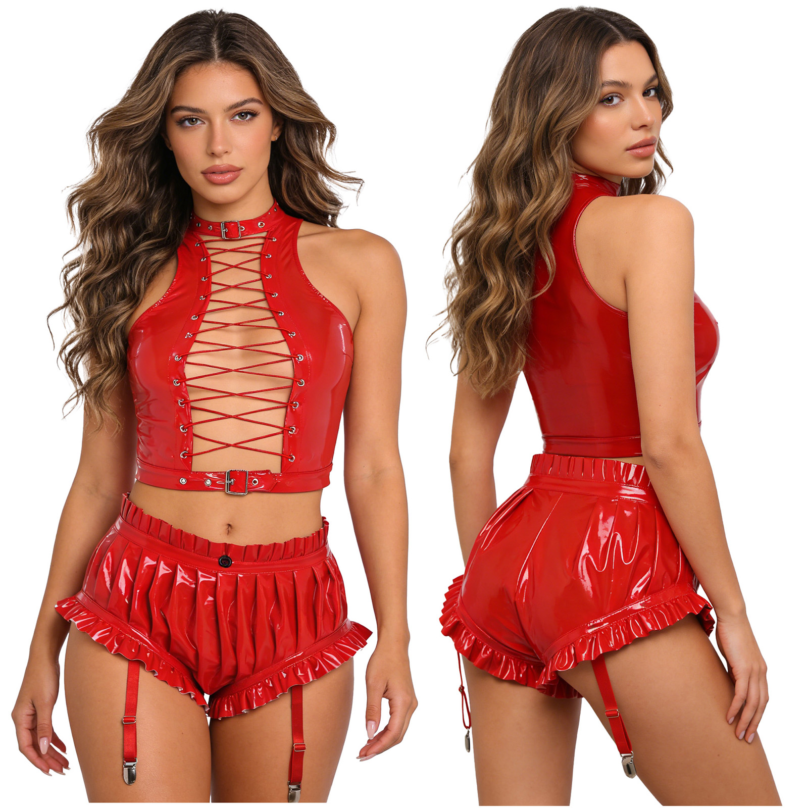 Womens Wet Look PU Leather Clu - Crop Top Women incelemesi ve fiyatı