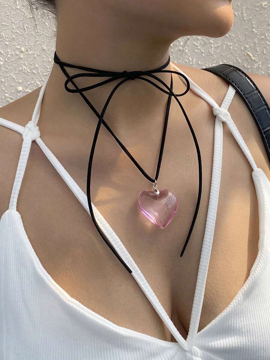 Red Semi-Transparent Glass Hea - Women Fashion Necklace incelemesi ve fiyatı