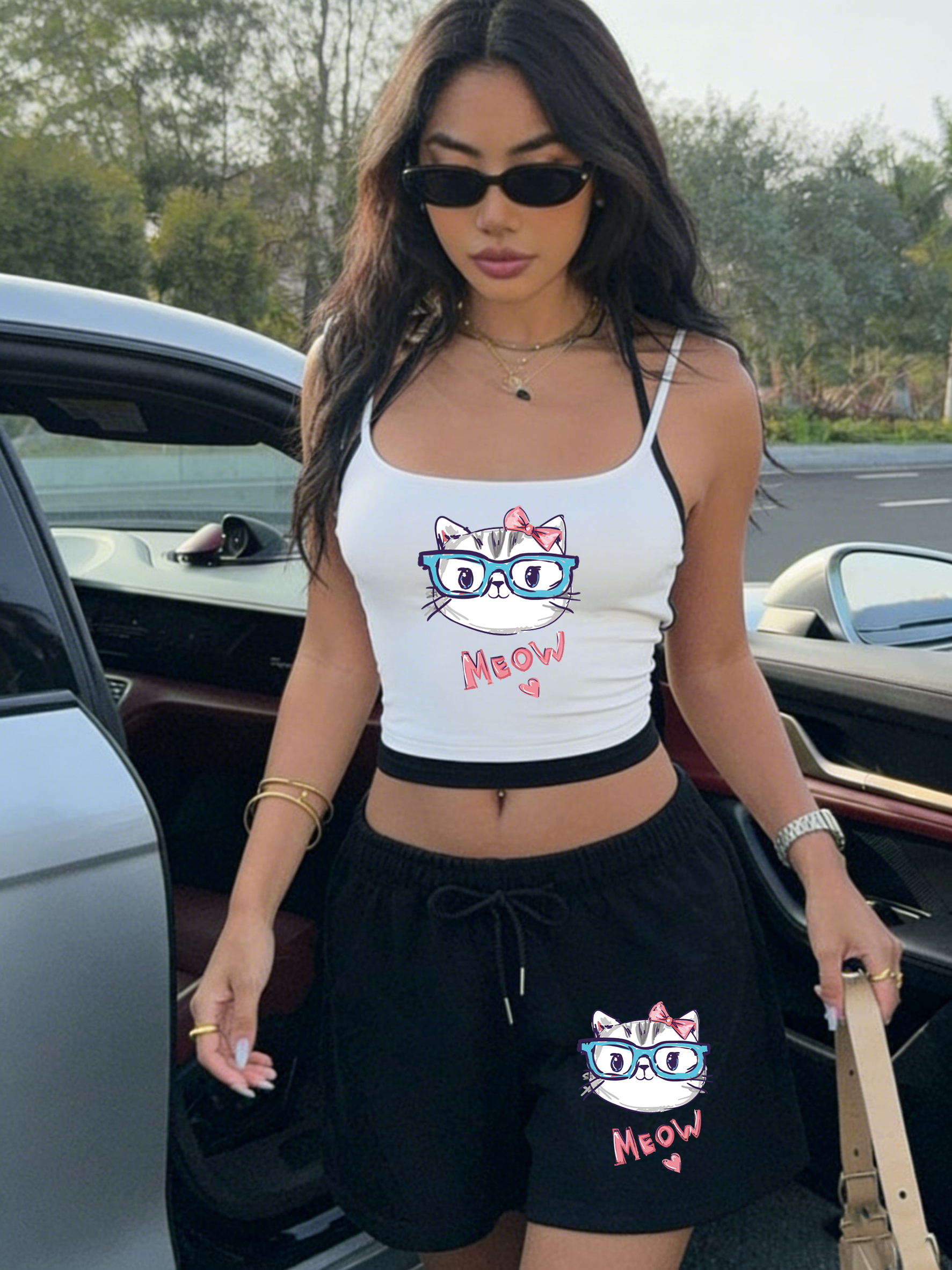Meow Cute Bow Cat Print Crop T - Crop Top Women incelemesi ve fiyatı