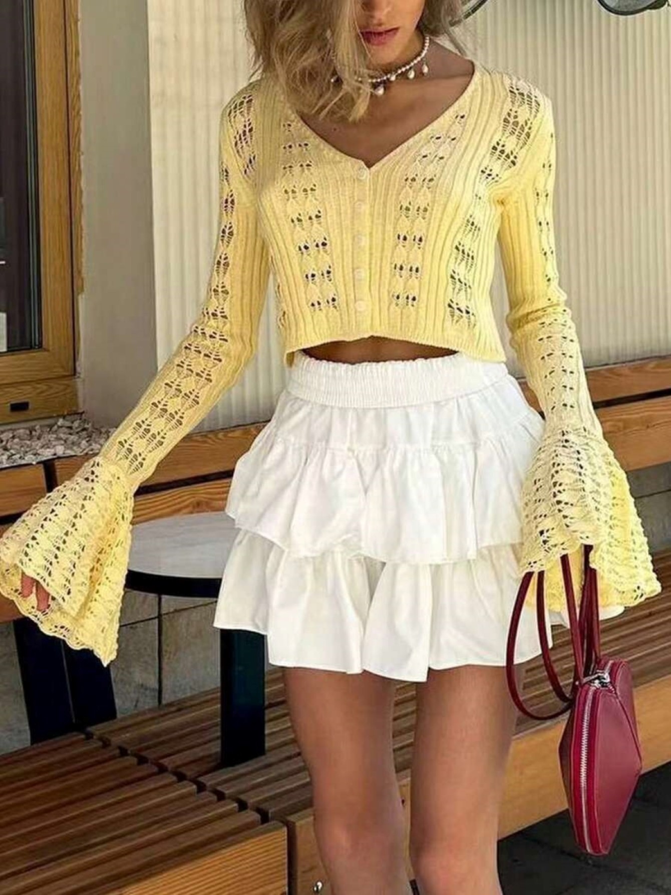 Womens Yellow Crochet Knit Fla - Crop Top Women incelemesi ve fiyatı