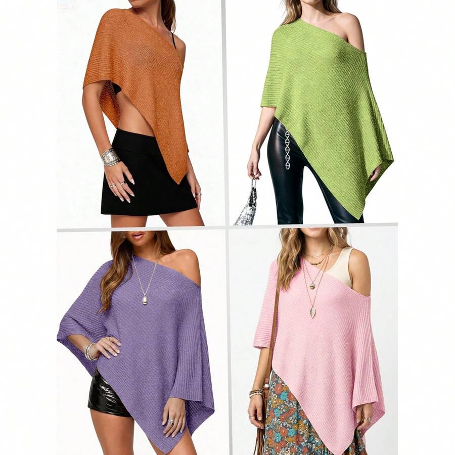 Off Shoulder Asymmetric Knit P - Women'S Fashion Poncho incelemesi ve fiyatı