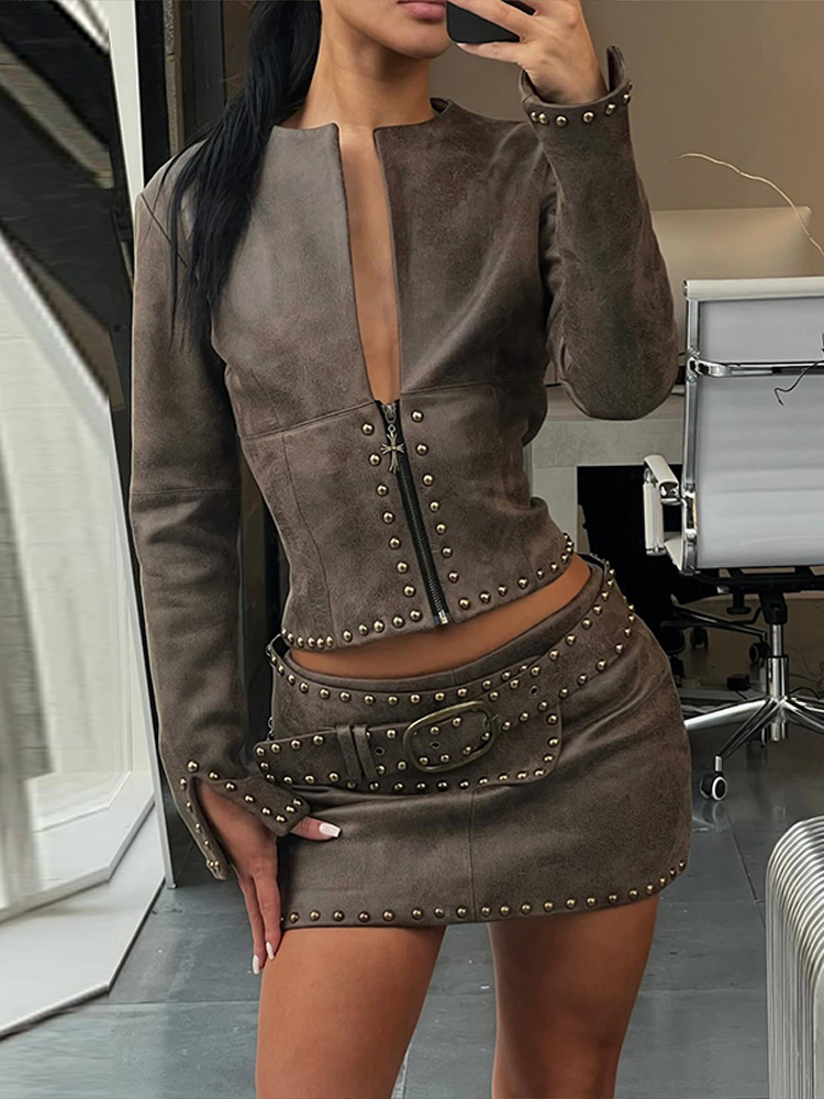 Y2k Leather Skirt Set Women Ri - Women'S Fashion Long Coat incelemesi ve fiyatı
